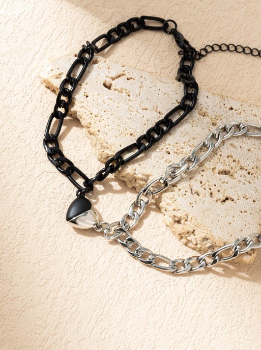 Set de 2 pulseras de acero inoxidable con forma de corazón magnético