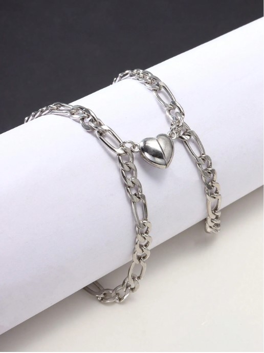 Set de 2 pulseras de acero inoxidable con forma de corazón magnético