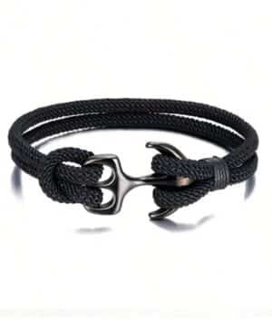 Brazalete Náutico Negro con Ancla y Diseño de Cuerda para Hombre
