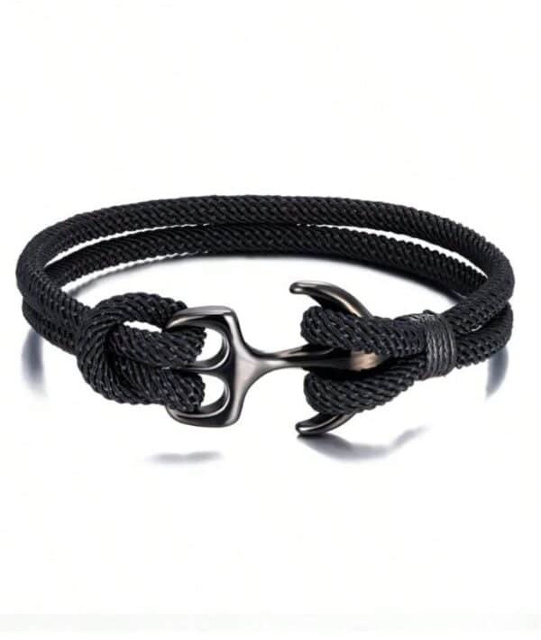 Brazalete Náutico Negro con Ancla y Diseño de Cuerda para Hombre