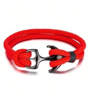 Brazalete Náutico Rojo con Ancla y Diseño de Cuerda para Hombre
