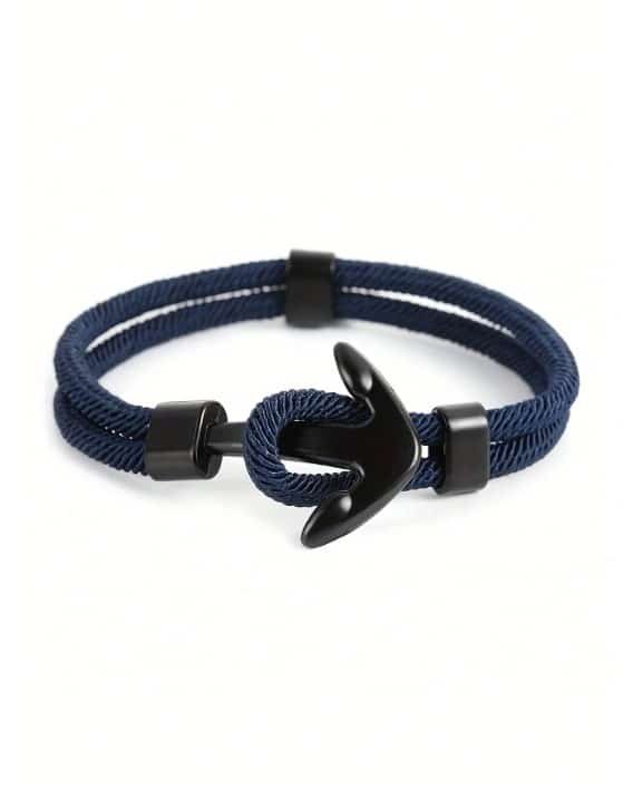 Pulsera de hombre de cuerda azul marino con ancla de metal