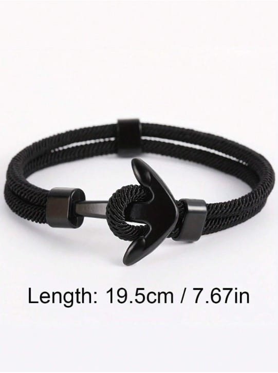 Pulsera de hombre de cuerda negra con ancla de metal