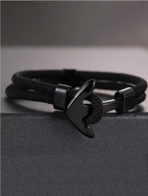 Pulsera de hombre de cuerda negra con ancla de metal