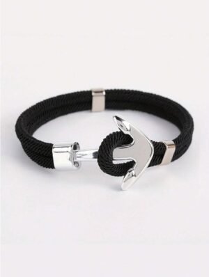Pulsera de hombre de cuerda negro con ancla de metal silver
