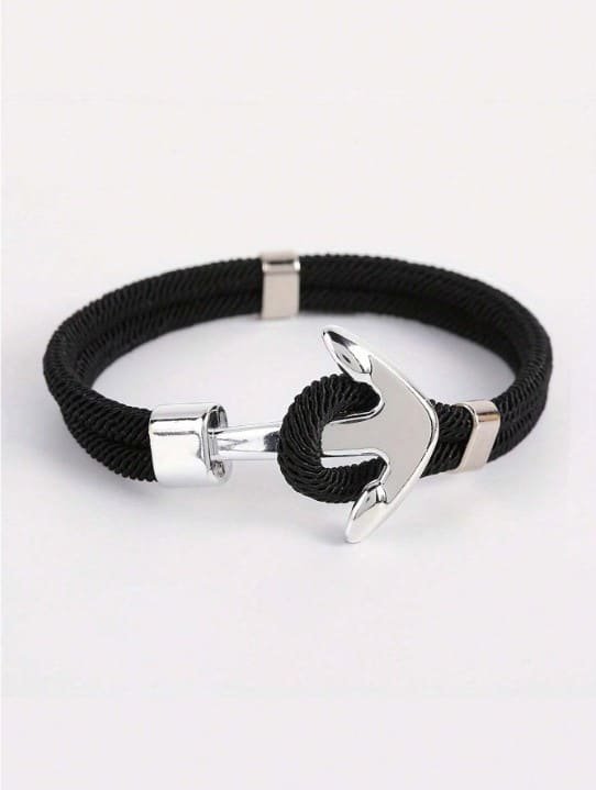 Pulsera de hombre de cuerda negro con ancla de metal silver
