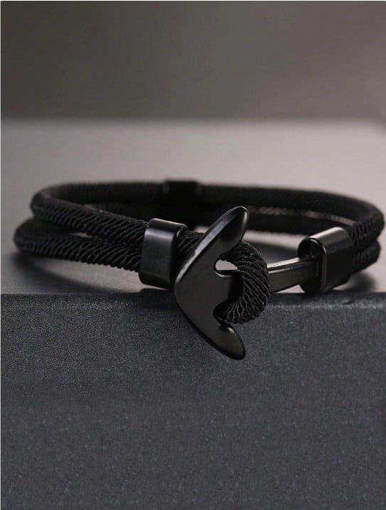 Pulsera de hombre de cuerda negra con ancla de metal