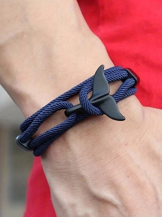Pulsera Trenzada de Cuerda Azul Marino con Cola de Ballena para Hombre – Estilo Náutico
