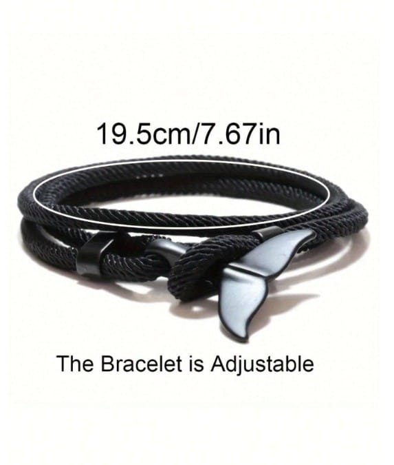 Pulsera Trenzada de Cuerda Negra con Cola de Ballena para Hombre – Estilo Náutico