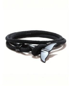 Pulsera Trenzada de Cuerda Negra con Cola de Ballena para Hombre – Estilo Náutico
