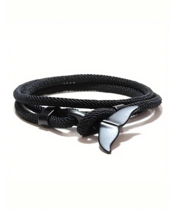 Pulsera Trenzada de Cuerda Negra con Cola de Ballena para Hombre – Estilo Náutico